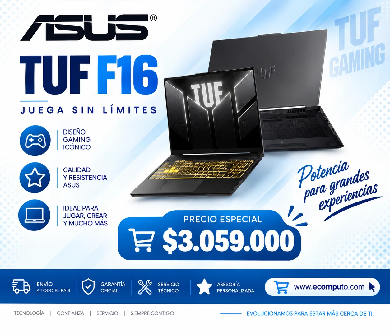 Arte de ASUS TUF F16, con su precio y ficha técnica