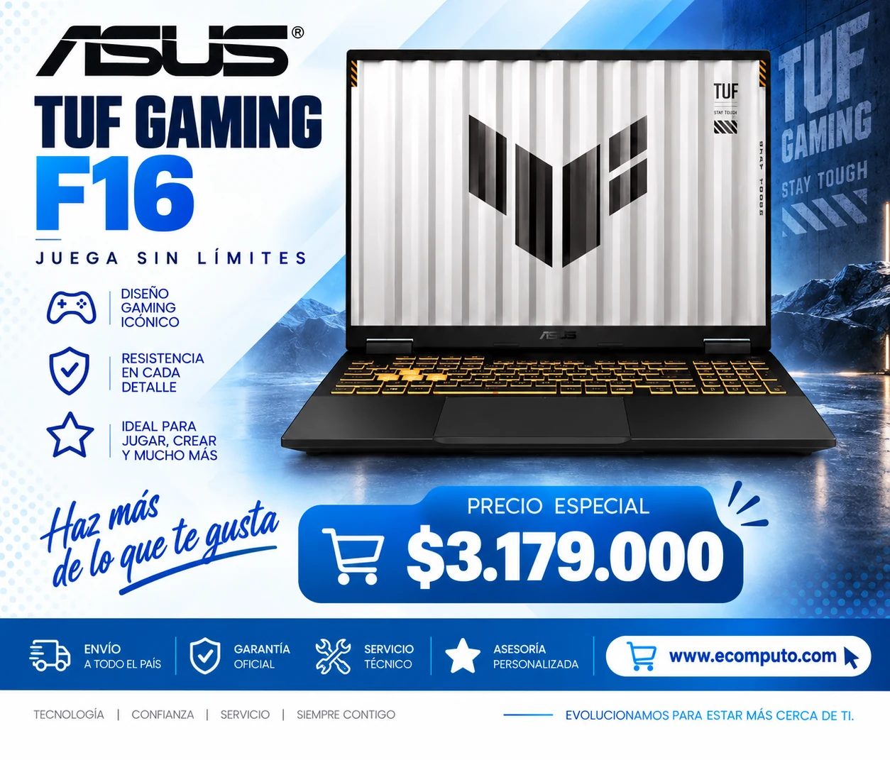 Arte de ASUS TUF Gaming F16, con su precio y ficha técnica