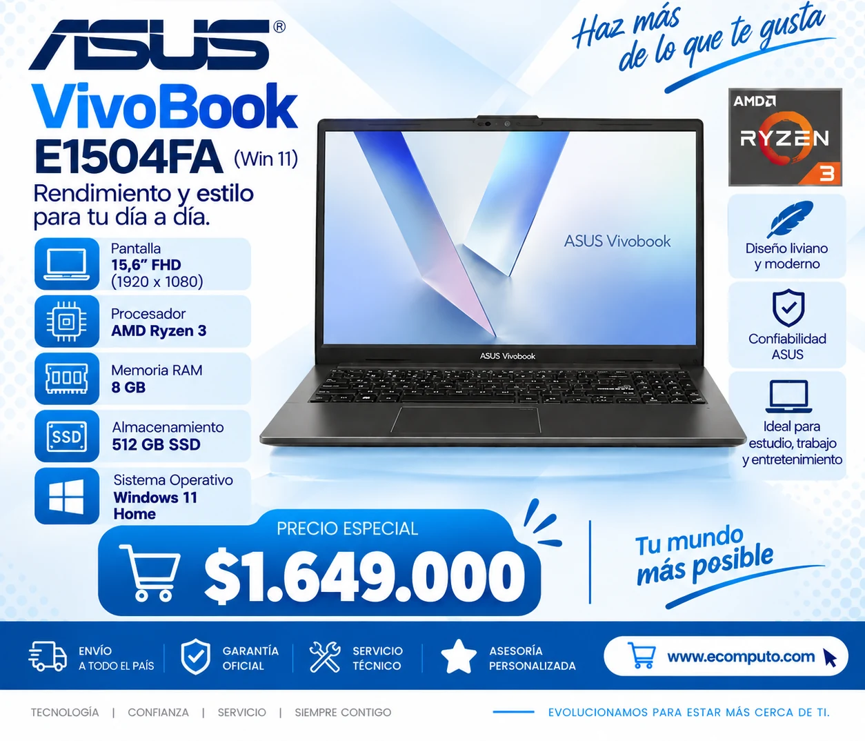Arte de ASUS VivoBook E1504FA, con su precio y ficha técnica