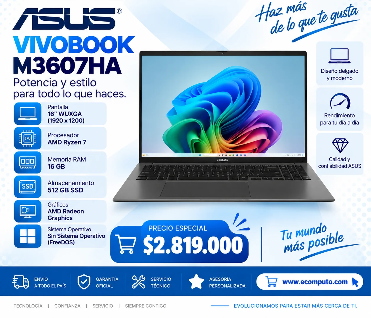 Arte de ASUS VivoBook M3607HA, con su precio y ficha técnica
