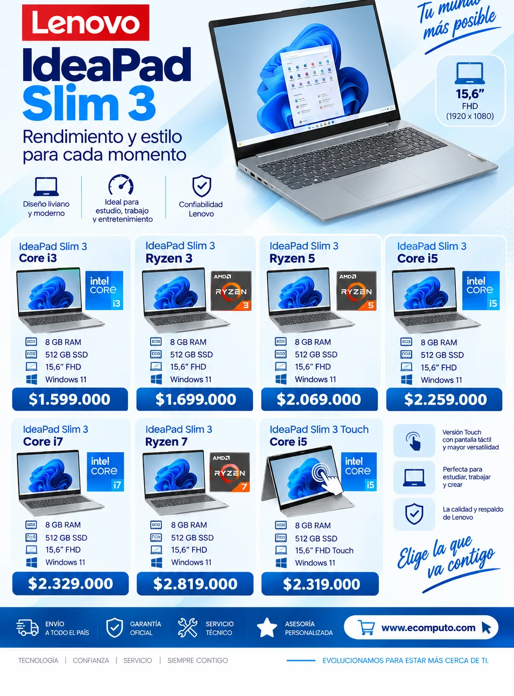 Arte de Lenovo IdeaPad Slim 3, todas las versiones, con su precio y ficha técnica
