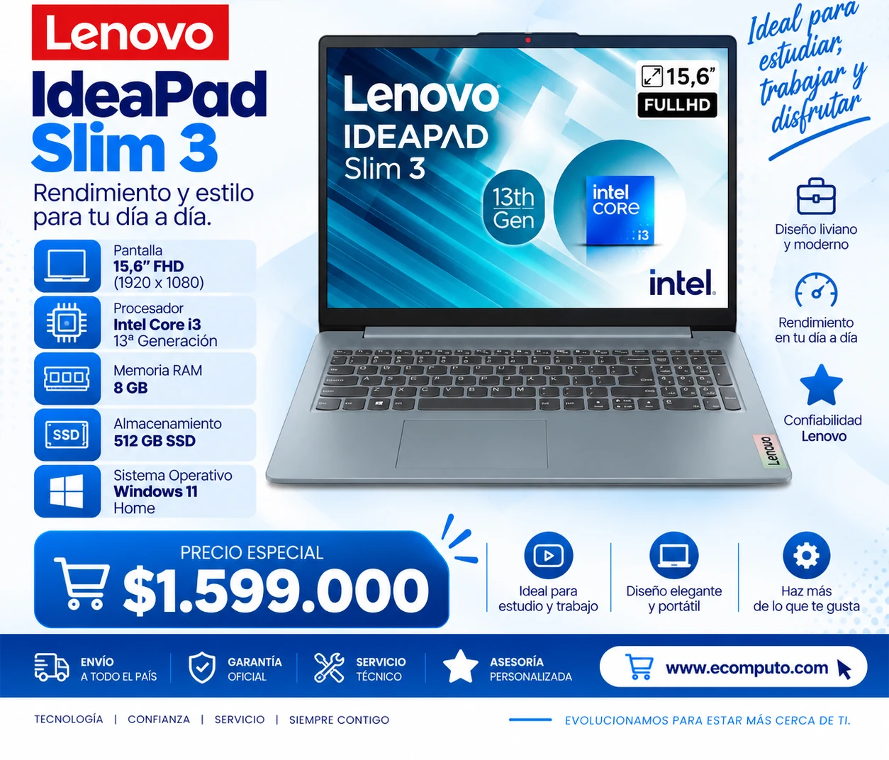 Arte de Lenovo IdeaPad Slim 3, con su precio y ficha técnica