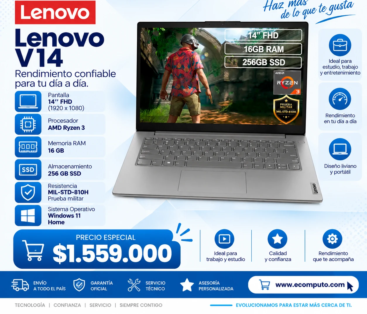 Arte de Lenovo V14, con su precio y ficha técnica
