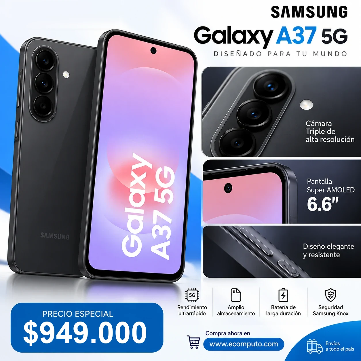 Arte de Samsung Galaxy A37 5G 128 GB, con su precio y ficha técnica