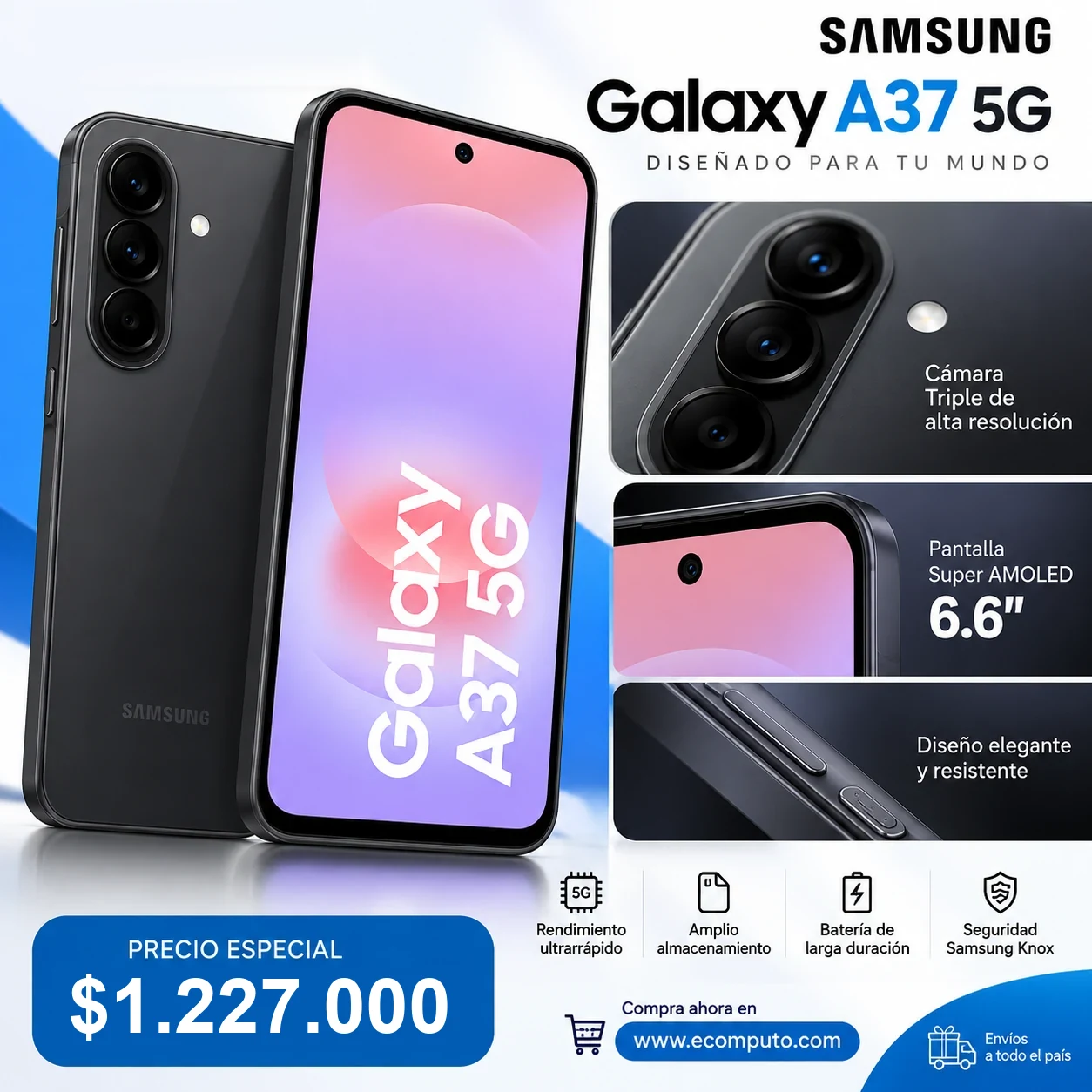 Arte de Samsung Galaxy A37 5G 256 GB, con su precio y ficha técnica