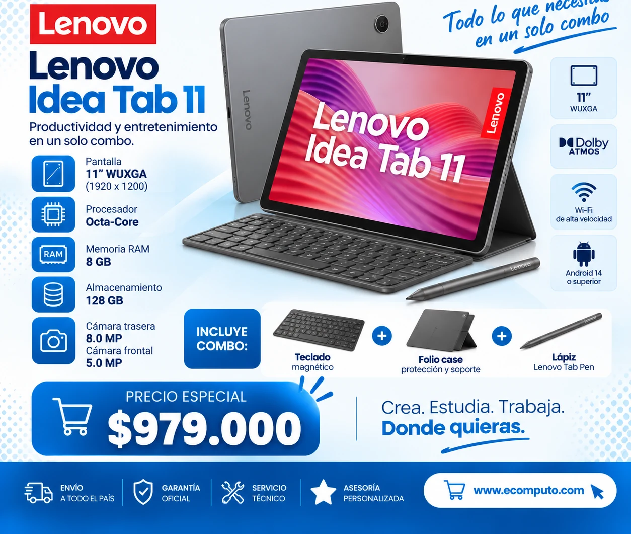 Arte de Lenovo Idea Tab 11 Combo, con su precio y ficha técnica