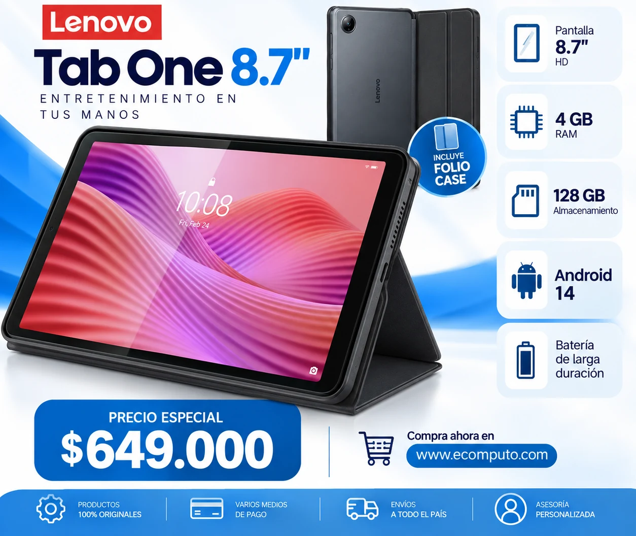 Arte de Lenovo Tab One 8.7", con su precio y ficha técnica