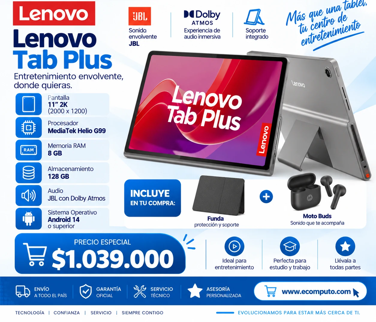 Arte de Lenovo Tab Plus Combo, con su precio y ficha técnica