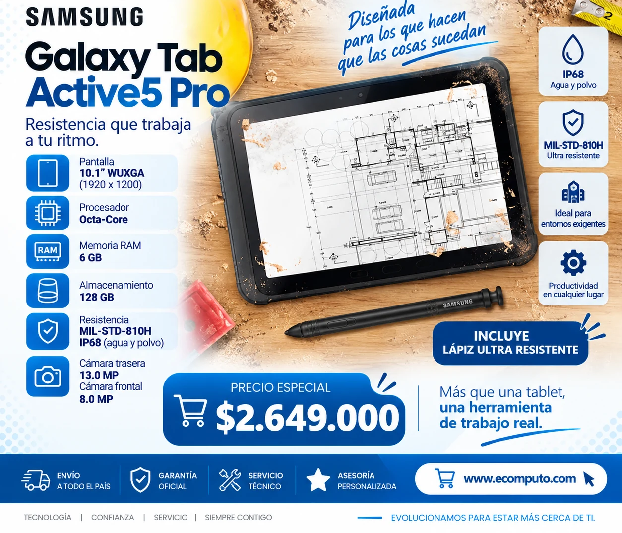 Arte de Samsung Galaxy Tab Active5 Pro, con su precio y ficha técnica