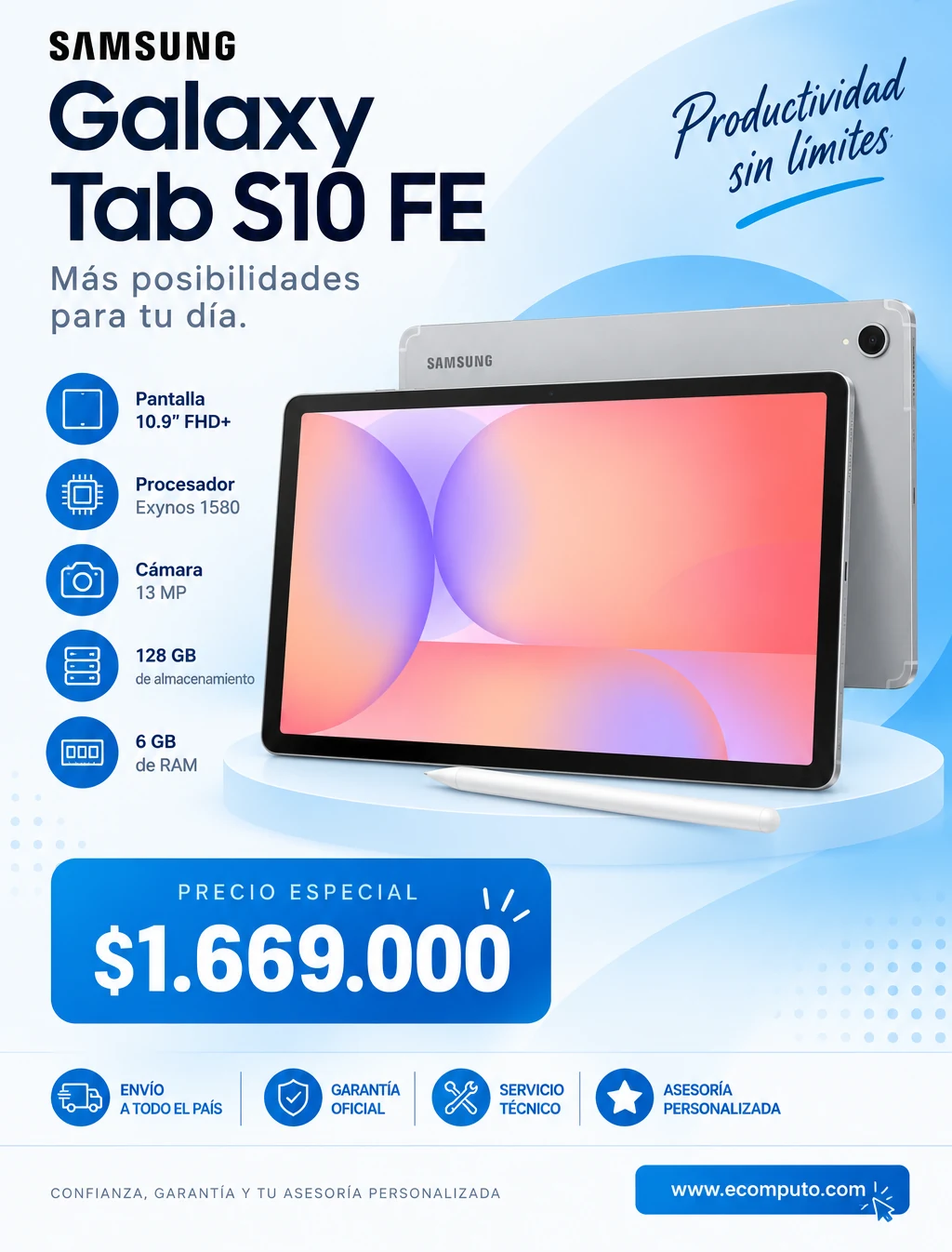Arte de Samsung Galaxy Tab S10 FE, con su precio y ficha técnica