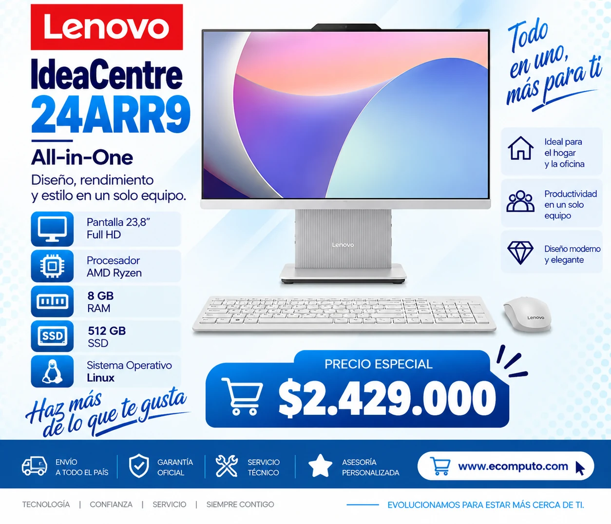 Arte de Lenovo IdeaCentre 24ARR9, con su precio y ficha técnica