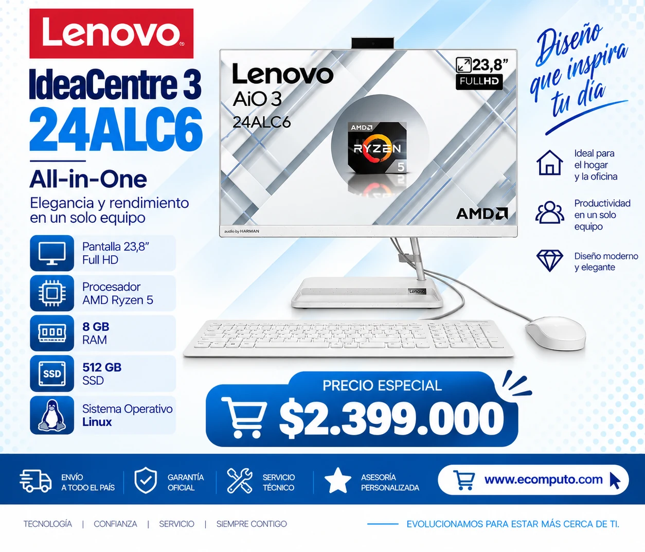 Arte de Lenovo IdeaCentre 3 24ALC6, con su precio y ficha técnica